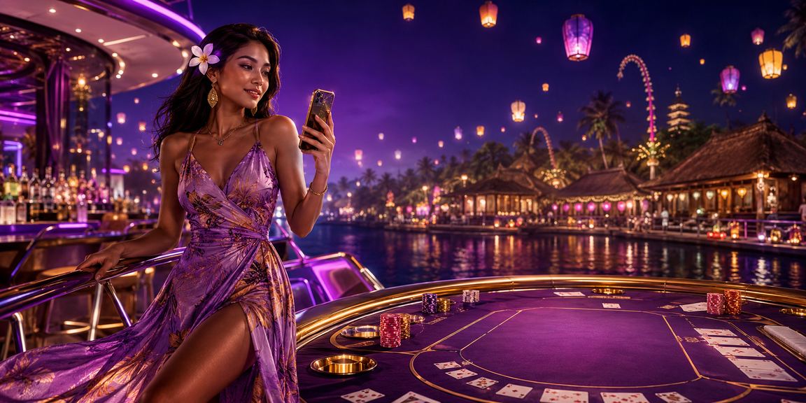 Meja baccarat dengan dekorasi lentera merah dalam suasana kasino mewah